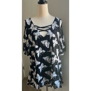 Rosegal Butterfly Black & White Cold Shoulder Hi-Low Length Dress Shirt Sz 2X